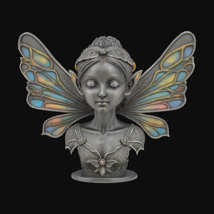 3D model for carved dark pewter bust of a beautiful fairy with wings. Highly detailed and ornate. 