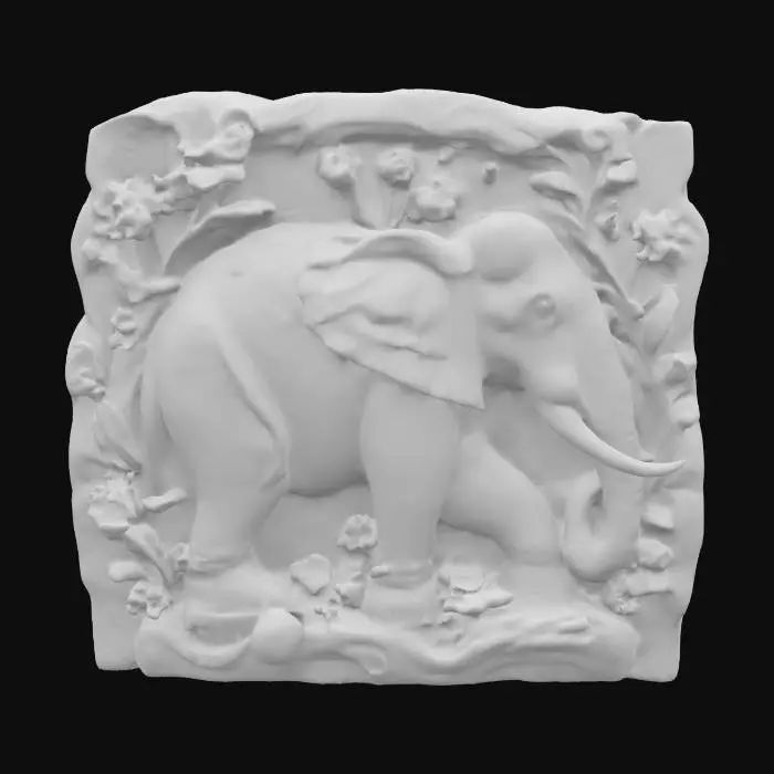 3D model for botanical stone relief statue of a elephant, Carved, hand painted in vibrant summer botanical colors and scenes