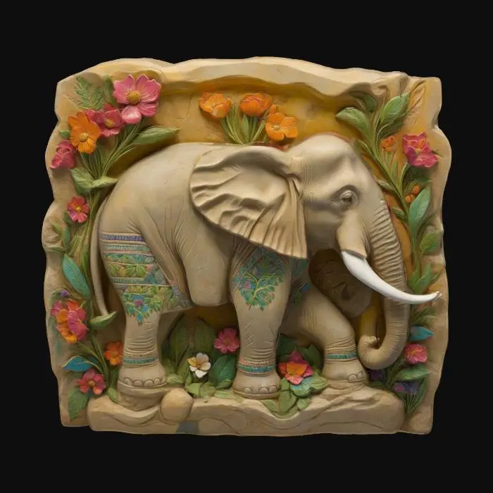 3D model for botanical stone relief statue of a elephant, Carved, hand painted in vibrant summer botanical colors and scenes