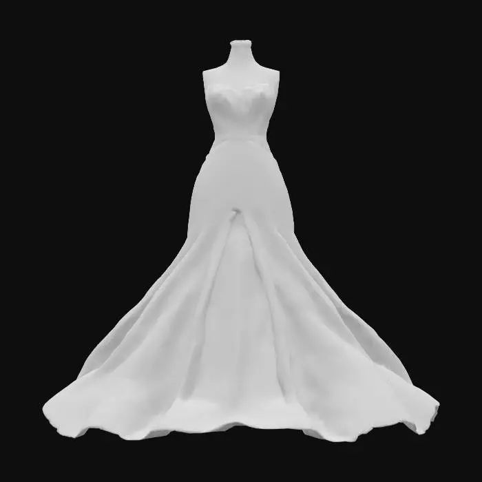 3D model for A flowing gown crafted from shimmering crimson silk, its smooth fabric cascading in soft folds. The material possesses a delicate luster, feeling cool and luxurious to the touch. It features a fitted bodice with intricate lace appliques in a darker red, and a voluminous A-line skirt that pools gracefully. The texture is smooth with subtle raised patterns from the lace, creating visual depth.