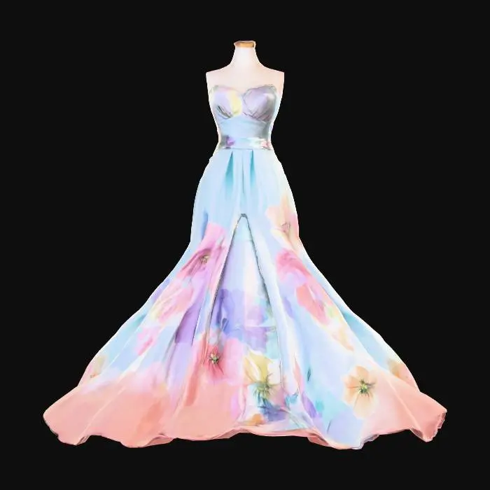 3D model for A flowing gown crafted from shimmering crimson silk, its smooth fabric cascading in soft folds. The material possesses a delicate luster, feeling cool and luxurious to the touch. It features a fitted bodice with intricate lace appliques in a darker red, and a voluminous A-line skirt that pools gracefully. The texture is smooth with subtle raised patterns from the lace, creating visual depth.