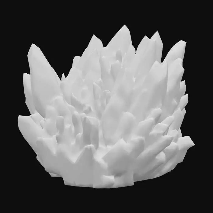 3D model for A colossal, uncut crystal formation, resembling a cluster of irregular geodes. Its facets are smooth yet slightly uneven, catching and refracting light in brilliant, internal shimmers. The crystal pulses with a deep indigo hue that subtly shifts to a lighter violet, suggesting immense magical power. It appears incredibly heavy but radiates a surprising warmth when approached.