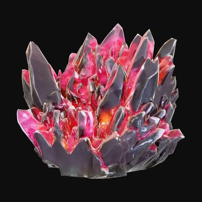 3D model for A colossal, uncut crystal formation, resembling a cluster of irregular geodes. Its facets are smooth yet slightly uneven, catching and refracting light in brilliant, internal shimmers. The crystal pulses with a deep indigo hue that subtly shifts to a lighter violet, suggesting immense magical power. It appears incredibly heavy but radiates a surprising warmth when approached.