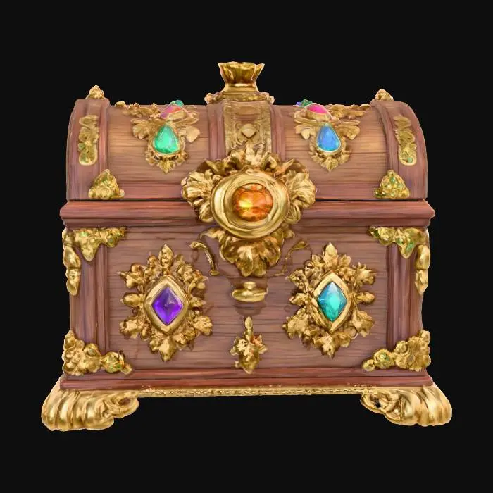 3D model for wooden chest, game asset, gemstones, detailed, ornate