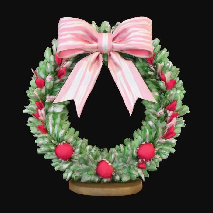 3D model for low poly Christmas wreath with a pale pink and white striped bow