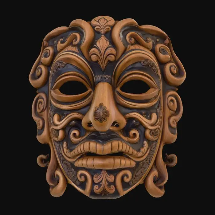 3D model for carved wooden mask, detailed, ornate, hand painted