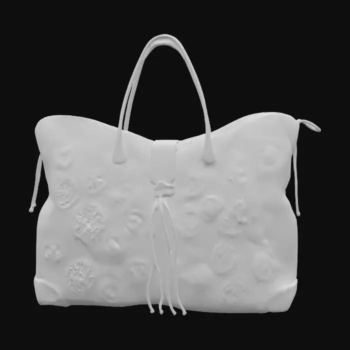 3D model for canvas bag with highly detailed embroidery details and design clear stitches and threads. Bright colorful yarn and thread. The bag is closed at the top with a zipper.