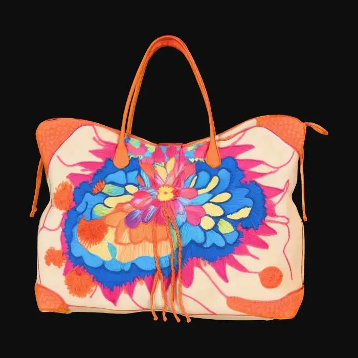 3D model for canvas bag with highly detailed embroidery details and design clear stitches and threads. Bright colorful yarn and thread. The bag is closed at the top with a zipper.