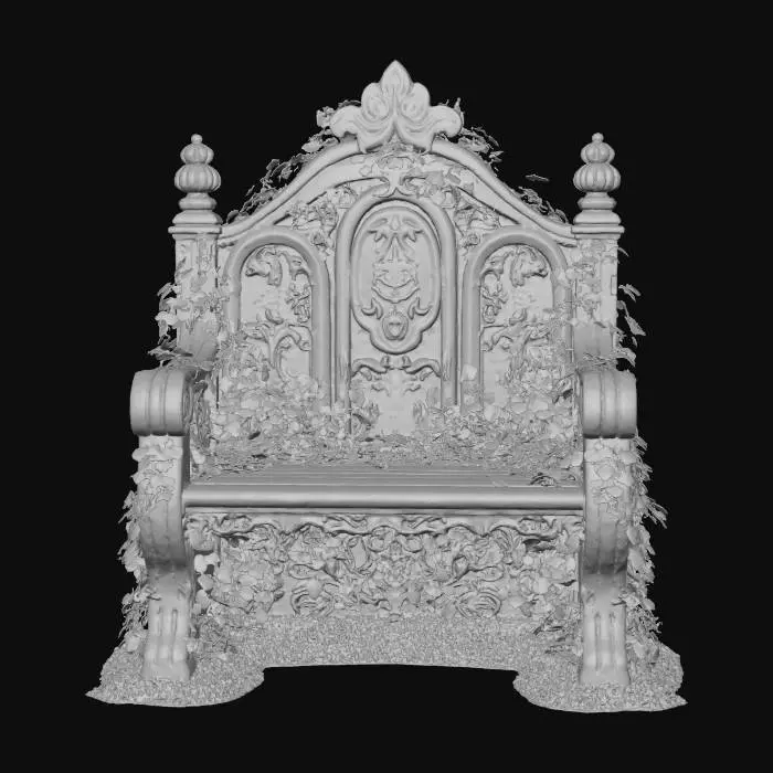 3D model for carved wooden bench with ivy and moss on it, game ready, highly detailed
