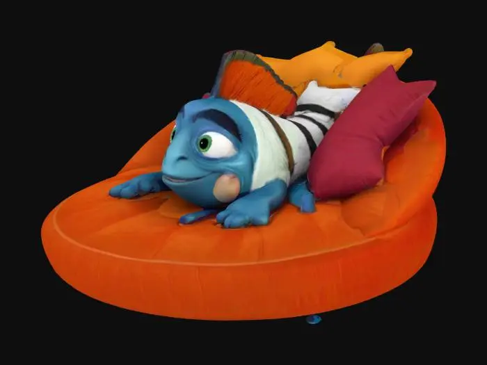 3D model for Nemo, the character from Beast Party, lying on a round sofa and playing with his phone