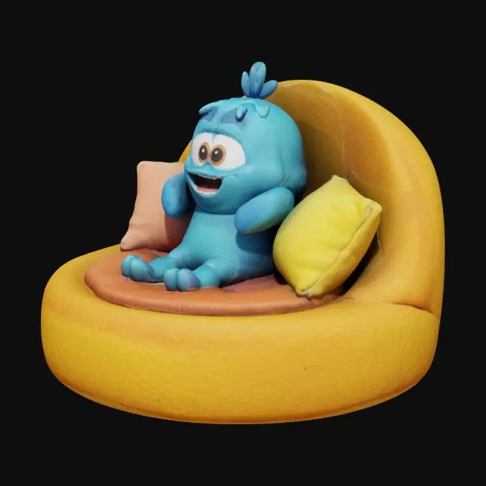 3D model for Nemo, the character from Beast Party, lying on a round sofa and playing with his phone