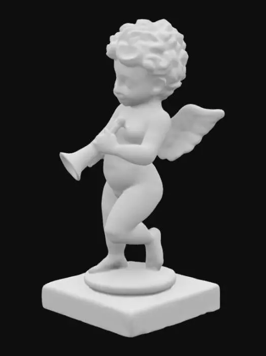 3D model for The object is a detailed bronze sculpture of a cherubic figure with curled hair, textured wings, and a smooth, polished surface, holding a trumpet and posed dynamically., 
