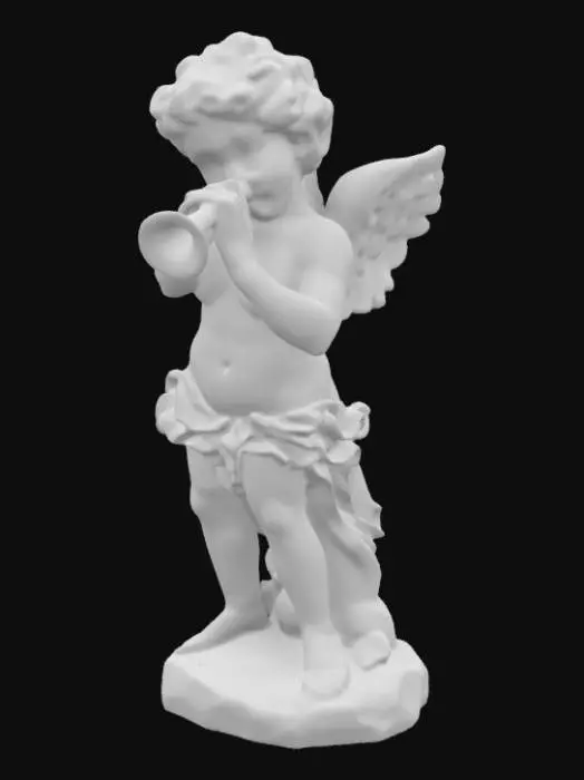 3D model for The bronze cherub statue is depicted as a young, chubby child with curly hair, delicately sculpted facial features, and small angelic wings on its back. It is in a dynamic pose, appearing to float or fly, with one leg bent and the other extended. The cherub is playing a small trumpet, holding it with one hand while the other arm is stretched outward, holding a flowing ribbon-like cloth. The style is reminiscent of Baroque or Rococo art, with intricate detailing and a sense of movement. 