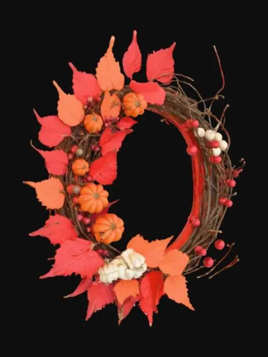 3D model for Jesienna dekoracja w postaci kaskadowego wianka na Święto Dziękczynienia, misternie splecionego z suszonych liści w odcieniach głębokiej czerwieni, pomarańczy i złota. Liście są delikatne, szeleszczące i mają naturalną, lekko pomarszczoną teksturę. Wieniec ozdobiony jest małymi, matowymi jagodami w kolorze bordo z żywicy oraz miniaturowymi, pękatymi dyniami wykonanymi z teksturowanego filcu w kolorze kremowym i pomarańczowym, wszystkie połączone jutowym sznurkiem.