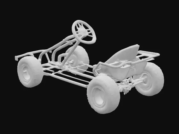 3D model for high-detail 3D model of vintage pedal go-karts for kids, early 2000s Israeli fun park style, bright yellow painted steel tube frame, black plastic bucket seat, three-wheeled front single wheel and two large rear wheels with thick black rubber tires and red plastic wheel hubs, visible chain drive on one side, functional pedals connected to front wheel, steering with simple T-shaped metal handlebar, worn paint with light scratches, realistic proportions for children ages 6–12, studio lighting, PBR textures

