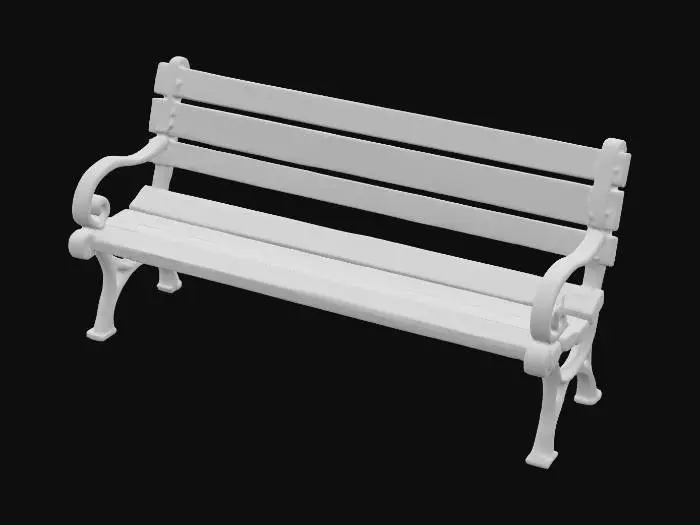 3D model for A realistic outdoor wooden park bench with slatted wood seat and backrest, metal frame and armrests painted dark green, slightly worn paint and weathered wood texture, realistic proportions (about 1.5m length), designed for public park use, UV-ready 3D model
