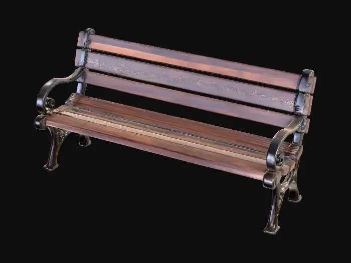 3D model for A realistic outdoor wooden park bench with slatted wood seat and backrest, metal frame and armrests painted dark green, slightly worn paint and weathered wood texture, realistic proportions (about 1.5m length), designed for public park use, UV-ready 3D model
