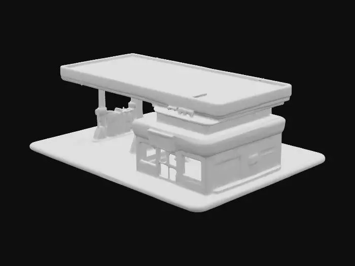 3D model for A detailed 3D model of a small gas station with a red color scheme, including a flat canopy roof supported by white columns, multiple fuel pumps under the canopy, and an attached convenience store building on the side with large glass windows and doors. The convenience store has a rectangular shape, red painted walls, and visible signage area above the entrance. The overall layout is compact, designed for placement on a roadside map in a video game, UV-ready 3D model.

