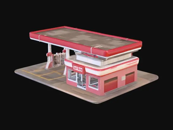 3D model for A detailed 3D model of a small gas station with a red color scheme, including a flat canopy roof supported by white columns, multiple fuel pumps under the canopy, and an attached convenience store building on the side with large glass windows and doors. The convenience store has a rectangular shape, red painted walls, and visible signage area above the entrance. The overall layout is compact, designed for placement on a roadside map in a video game, UV-ready 3D model.
