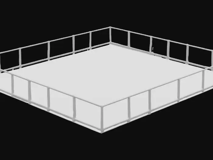 3D model for An outdoor basketball court without hoops, rectangular, 28m x 15m, asphalt surface painted with faded white and yellow court lines, slightly worn texture with small cracks and dirt patches, surrounded by low chain-link fencing, 1990s public park style, UV-ready 3D model