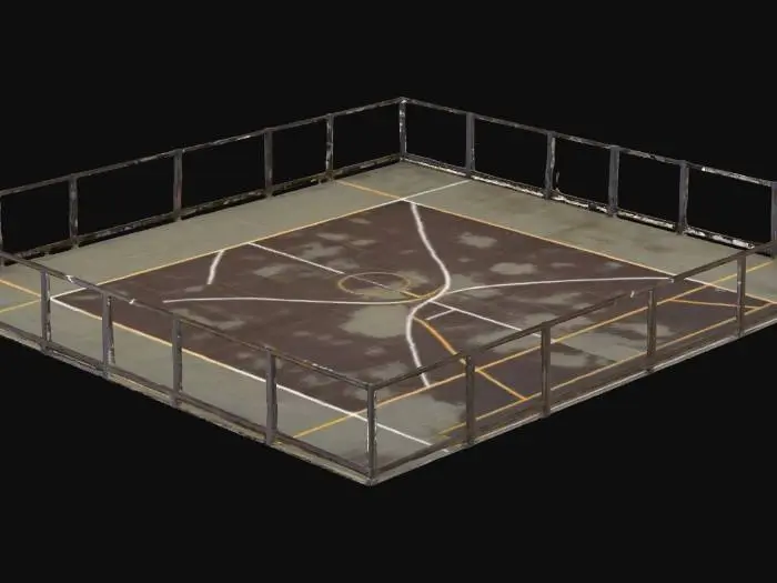3D model for An outdoor basketball court without hoops, rectangular, 28m x 15m, asphalt surface painted with faded white and yellow court lines, slightly worn texture with small cracks and dirt patches, surrounded by low chain-link fencing, 1990s public park style, UV-ready 3D model