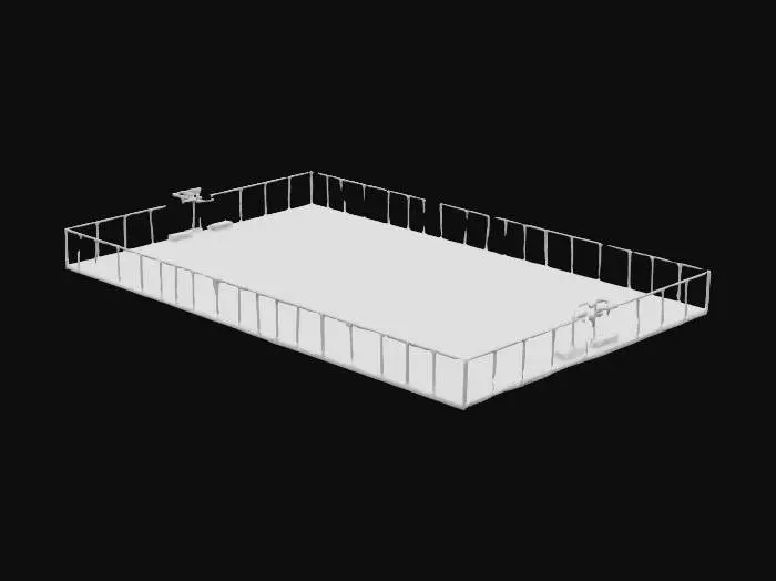 3D model for An outdoor basketball court without hoops, rectangular, 28m x 15m, asphalt surface painted with faded white and yellow court lines, slightly worn texture with small cracks and dirt patches, surrounded by low chain-link fencing, 1990s public park style, UV-ready 3D model