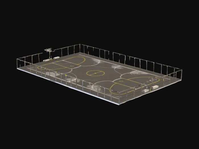 3D model for An outdoor basketball court without hoops, rectangular, 28m x 15m, asphalt surface painted with faded white and yellow court lines, slightly worn texture with small cracks and dirt patches, surrounded by low chain-link fencing, 1990s public park style, UV-ready 3D model