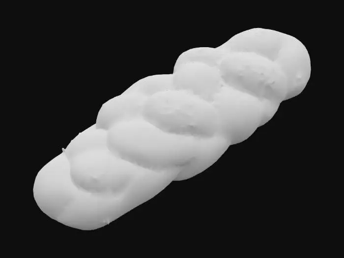 3D model for “Realistic 3D model of a traditional braided challah bread loaf. Golden-brown baked crust with glossy shine from egg wash, braided texture clearly visible. Slightly irregular handmade look, sprinkled with sesame seeds. Dimensions approx. 30 cm long, 12 cm wide, 10 cm high. PBR materials with diffuse color, roughness, and normal map. Topology clean, low-poly friendly. No packaging, no plate, just the bread loaf isolated.”
