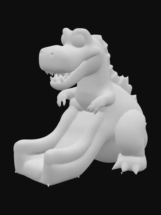 3D model for A detailed 3D model of an inflatable dinosaur slide from the early 2000s in Israel. Large green-turquoise body with a yellow belly, huge cartoon eyes, and an exaggerated friendly smile. The slide comes down the dinosaur’s back, with inflatable climbing stairs integrated into its tail. Slightly glossy PVC texture with visible seams, bright colors, and smooth curves. Set outdoors on a flat rubber surface in daylight, realistic scale for a children’s playground.

