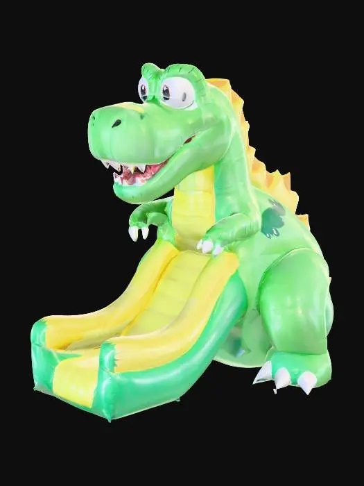 3D model for A detailed 3D model of an inflatable dinosaur slide from the early 2000s in Israel. Large green-turquoise body with a yellow belly, huge cartoon eyes, and an exaggerated friendly smile. The slide comes down the dinosaur’s back, with inflatable climbing stairs integrated into its tail. Slightly glossy PVC texture with visible seams, bright colors, and smooth curves. Set outdoors on a flat rubber surface in daylight, realistic scale for a children’s playground.
