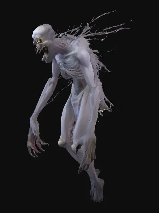 3D model for Ultra-realistic 3D model of a terrifying ghost-demon hybrid, tall, unnaturally thin with elongated limbs and fingers, skin semi-translucent with visible dark veins and pulsating shadows moving underneath, no clear facial features except for a distorted, stretched mouth frozen in a silent scream, eyes hollow and glowing faint sickly white. The figure hovers slightly above the ground, tattered spectral shrouds swirling around it as if moved by an unseen wind. Environment is dim, foggy, with faint flickering light casting elongated warped shadows. Texture details emphasize rotting, wet, and otherworldly organic surfaces mixed with ethereal mist. Uncanny proportions designed to trigger discomfort and primal fear.
