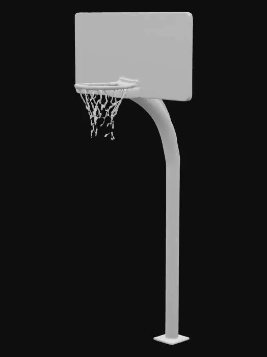 3D model for A single outdoor basketball hoop with a curved arch-style support pole, starting vertical from the ground then bending forward to hold the backboard, painted light gray with slight rust spots. Rectangular white backboard with worn paint and small scratches, orange metal rim with white net, standard height 3.05m, designed for a 1990s public park, UV-ready 3D model
