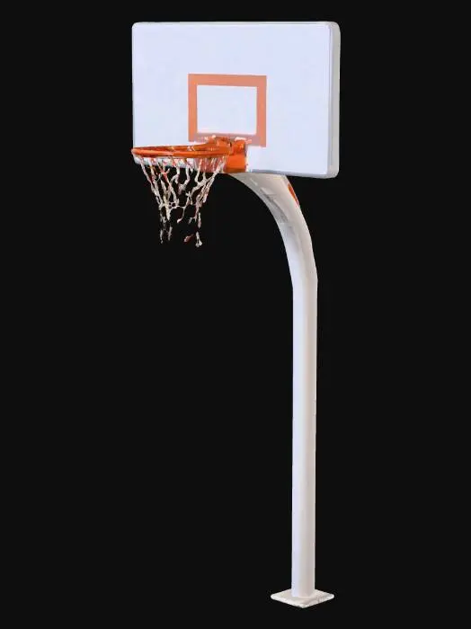 3D model for A single outdoor basketball hoop with a curved arch-style support pole, starting vertical from the ground then bending forward to hold the backboard, painted light gray with slight rust spots. Rectangular white backboard with worn paint and small scratches, orange metal rim with white net, standard height 3.05m, designed for a 1990s public park, UV-ready 3D model
