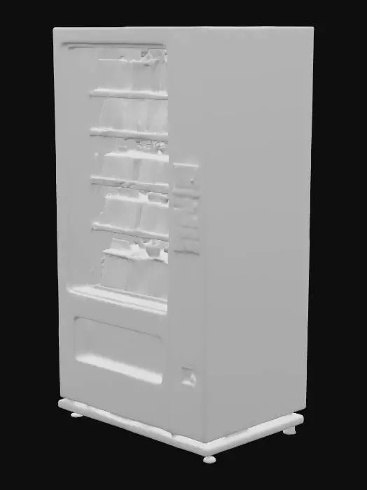3D model for A glass-front snack vending machine from the early 2000s. Black metal frame, clear display window showing rows of colorful snack bags inside spirals. The glass has slight reflections, and the machine features a keypad and coin slot. Some empty rows for realism, giving it a slightly used look.