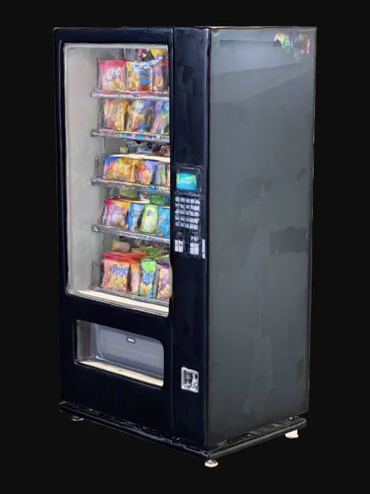 3D model for A glass-front snack vending machine from the early 2000s. Black metal frame, clear display window showing rows of colorful snack bags inside spirals. The glass has slight reflections, and the machine features a keypad and coin slot. Some empty rows for realism, giving it a slightly used look.