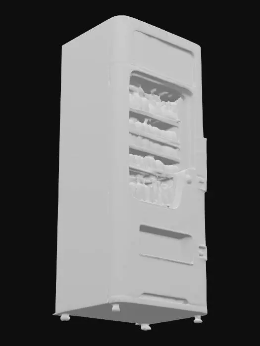 3D model for A retro-style 2000s soda vending machine labled "Moka Eneregy Drink." The machine is tall, rectangular, with a green neon color and white design, glossy plastic panels, and a glowing front surface. The logo is generic and nostalgic, avoiding real brand markings. Buttons for drink selection and a dispensing slot are included, with a slightly worn look.