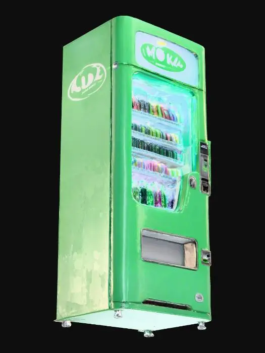 3D model for A retro-style 2000s soda vending machine labled "Moka Eneregy Drink." The machine is tall, rectangular, with a green neon color and white design, glossy plastic panels, and a glowing front surface. The logo is generic and nostalgic, avoiding real brand markings. Buttons for drink selection and a dispensing slot are included, with a slightly worn look.