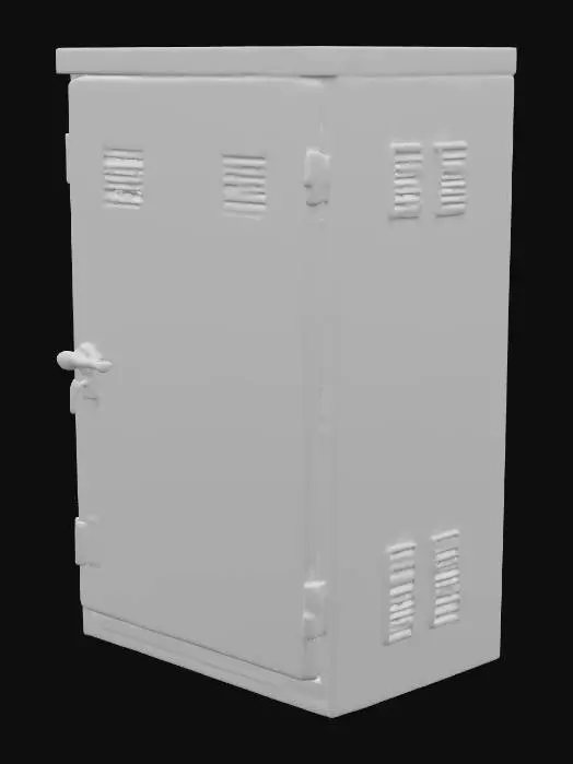 3D model for A simple outdoor electrical utility box made of grey metal, slightly weathered and scratched. Rectangular shape with a front door panel, small vent grilles, and a padlock latch. Fits naturally against walls or standing near poles in an amusement park setting.