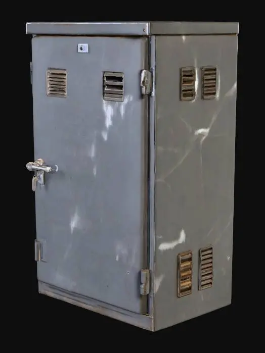 3D model for A simple outdoor electrical utility box made of grey metal, slightly weathered and scratched. Rectangular shape with a front door panel, small vent grilles, and a padlock latch. Fits naturally against walls or standing near poles in an amusement park setting.