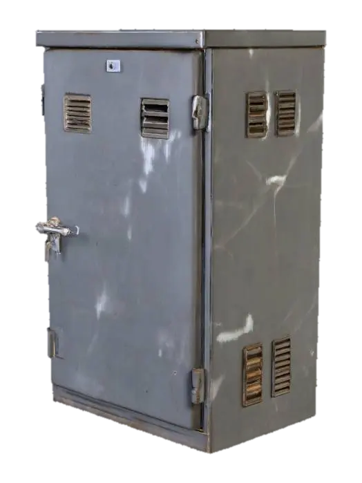 A simple outdoor electrical utility box made of grey metal, slightly weathered… 3D model, vytvořený pomocí AI
