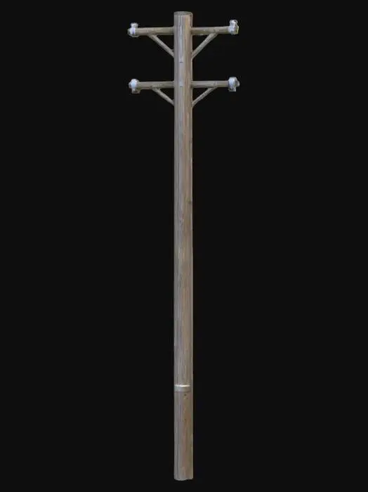 3D model for A tall outdoor utility pole made of weathered concrete or grey wood, with a slightly rough texture. At the top, a simple metal crossbar with ceramic insulators is attached. The pole is cylindrical, slightly worn, with bolts and small metal fixtures for realism. No wires attached, only the pole itself with minimal detail for modular use in an early 2000s amusement park setting.