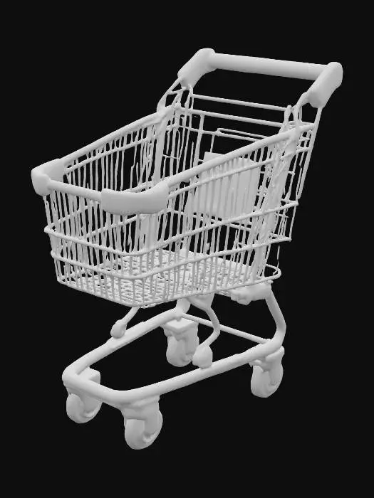 3D model for “Kids mini supermarket cart, bright plastic handle and basket guard, small steel wire basket ~45 L, four small casters, early‑2000s style. Real scale W40×L65×H65 cm. PBR metal/plastic/rubber, subtle scuffs. Separate wheel meshes. No brand graphics.”