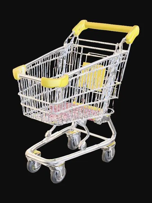 3D model for “Kids mini supermarket cart, bright plastic handle and basket guard, small steel wire basket ~45 L, four small casters, early‑2000s style. Real scale W40×L65×H65 cm. PBR metal/plastic/rubber, subtle scuffs. Separate wheel meshes. No brand graphics.”
