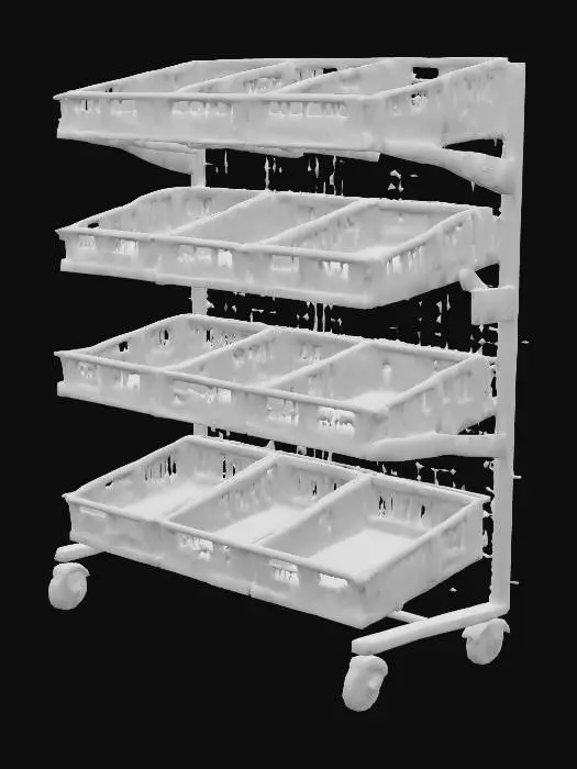 3D model for “Produce rack with angled wire baskets, 3 tiers, detachable green plastic crates, 2002 grocery style. W120×D60×H150 cm. Steel frame, mild wear, PBR. Include 6 stackable crates prop. Real-scale, collision simple. No labels.”