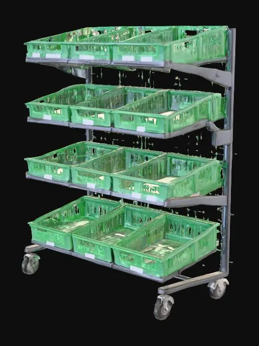 3D model for “Produce rack with angled wire baskets, 3 tiers, detachable green plastic crates, 2002 grocery style. W120×D60×H150 cm. Steel frame, mild wear, PBR. Include 6 stackable crates prop. Real-scale, collision simple. No labels.”
