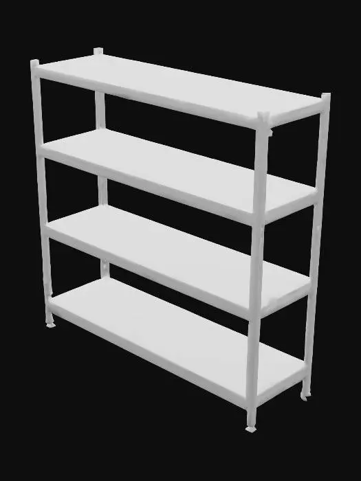 3D model for 3D model of a simple industrial storage rack. Steel frame with 3–4 wide shelves made of wood or particle board. Metal is slightly worn with gray paint, bolts visible at joints. Proportions realistic for a cafeteria storage room (about 2 meters tall, 1.2 meters wide). Empty shelves, no extra clutter. Clean product render with neutral background.

