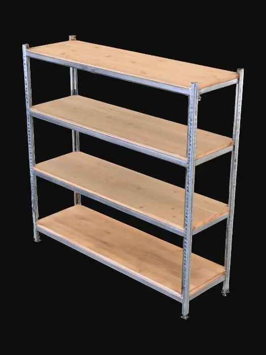 3D model for 3D model of a simple industrial storage rack. Steel frame with 3–4 wide shelves made of wood or particle board. Metal is slightly worn with gray paint, bolts visible at joints. Proportions realistic for a cafeteria storage room (about 2 meters tall, 1.2 meters wide). Empty shelves, no extra clutter. Clean product render with neutral background.
