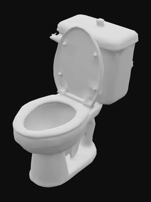 3D model for A cheap plastic toilet with a top-mounted water tank (old Israeli style). The toilet seat is yellowed and cracked, the lid slightly crooked. The high-mounted cistern has a metal flush chain hanging down. Water stains and subtle mold near the base. Early 2000s cheap public restroom look. Highly realistic, PBR textures, detailed geometry, game ready for Unreal Engine.
