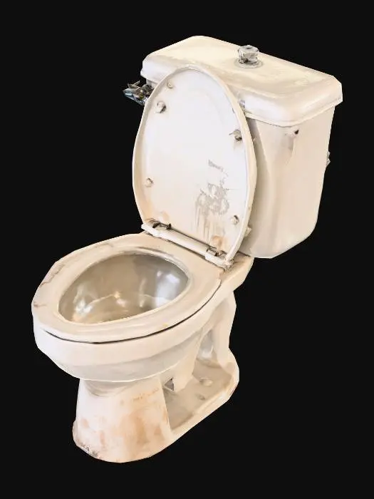 3D model for A cheap plastic toilet with a top-mounted water tank (old Israeli style). The toilet seat is yellowed and cracked, the lid slightly crooked. The high-mounted cistern has a metal flush chain hanging down. Water stains and subtle mold near the base. Early 2000s cheap public restroom look. Highly realistic, PBR textures, detailed geometry, game ready for Unreal Engine.
