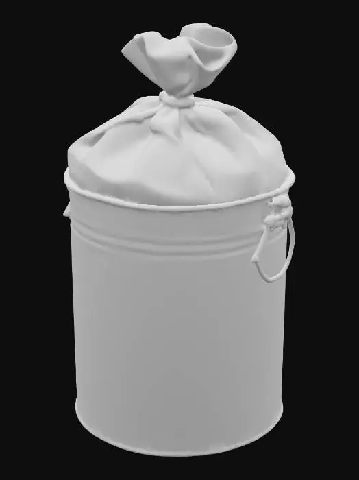 3D model for A small round metal trash bin, about 40cm tall. Surface slightly scratched, with faint dirt near the bottom. A half-full thin black garbage bag peeks from the top. Early 2000s cheap restroom accessory. Realistic PBR textures, simple geometry, game ready.